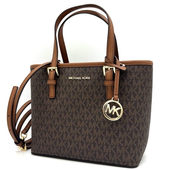 Michael Kors Jet Set Travel Extra-Small Logo Top-Zip lote Bag Brown Signature - Picture 1 of 10